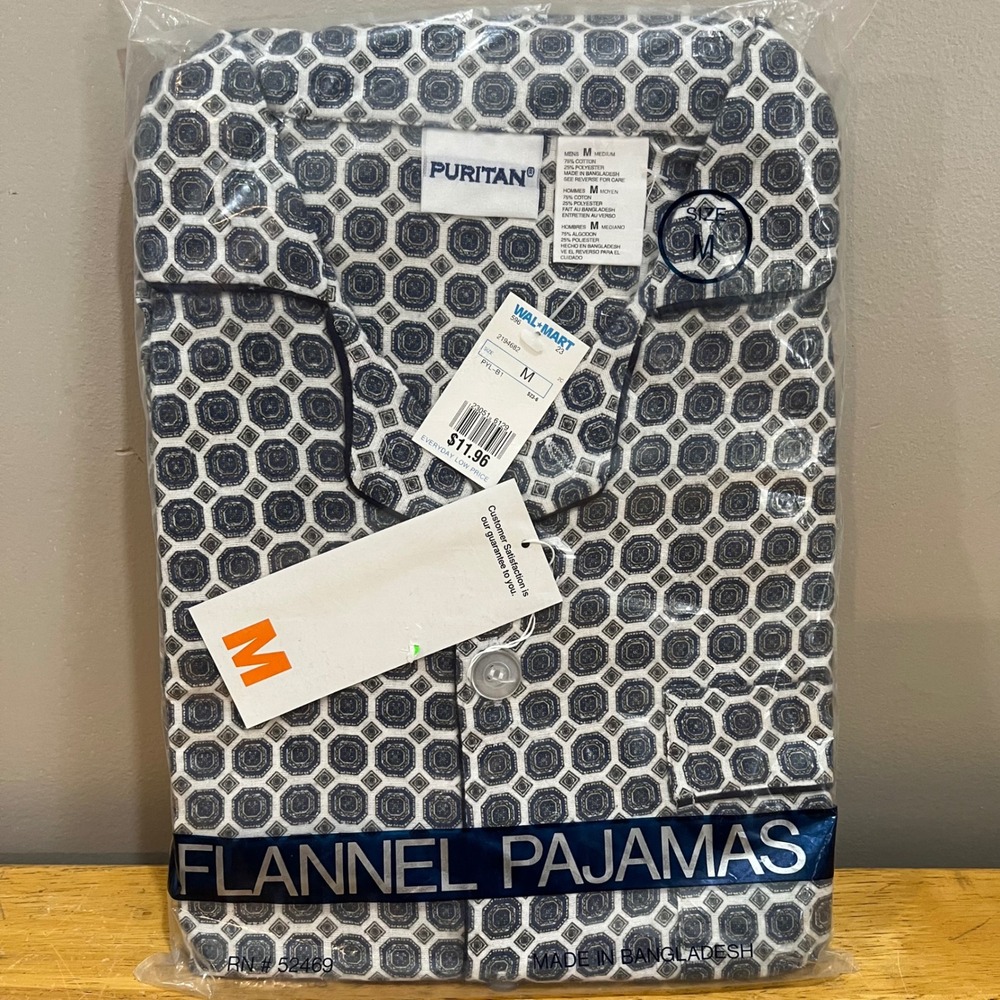 Puritan Mens Flannel Pajamas Set M Medium Navy‎ Blue Geometric Button Up Vintage